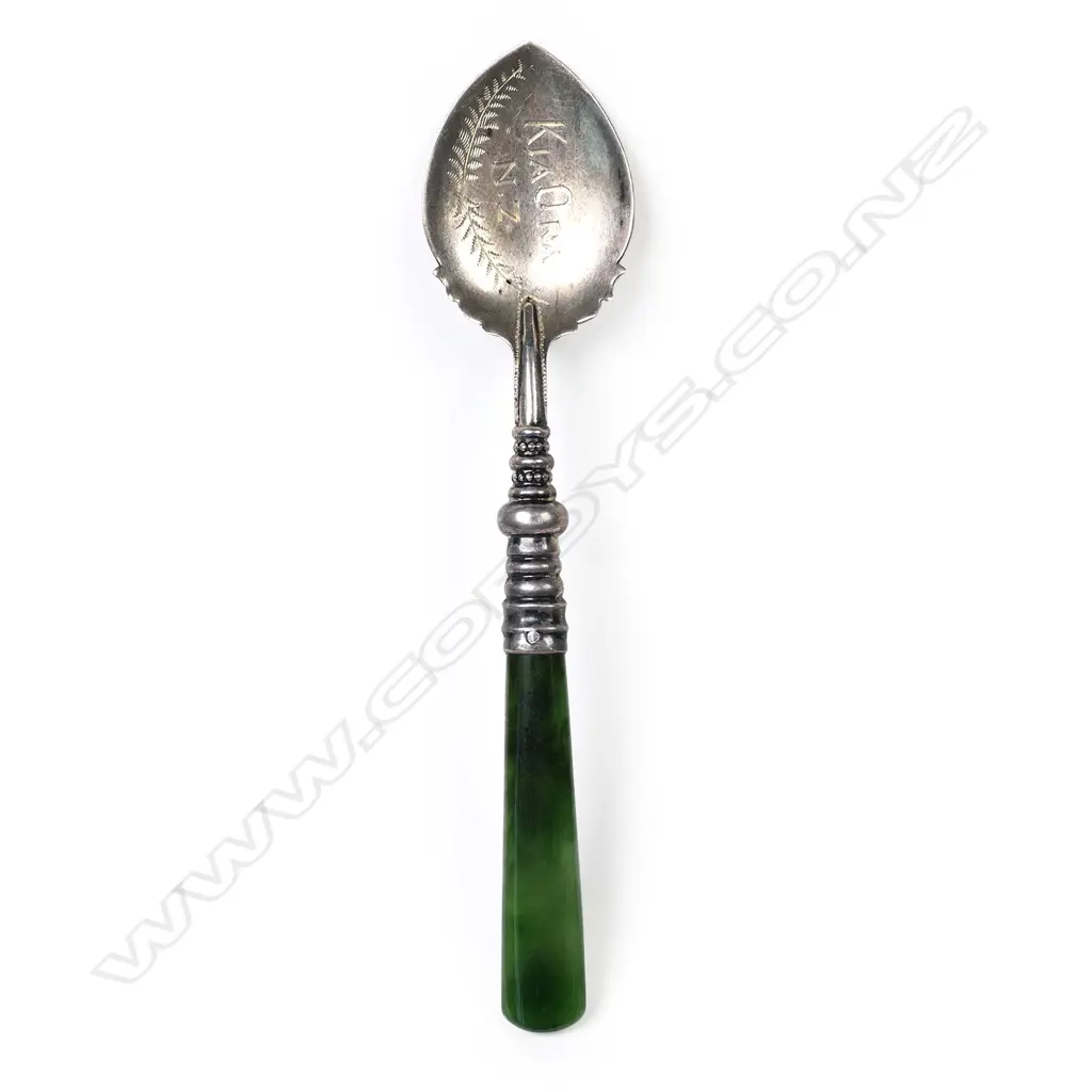 Alf.M. Skeates (Auckland) silver and pounamu souvenir preserve spoon, Image 1++